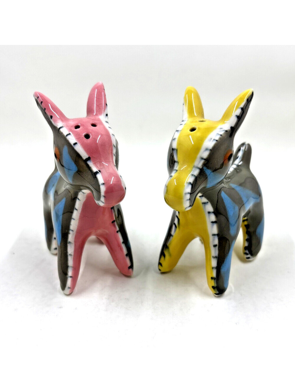 Vintage Napco Donkey Mule Salt Pepper Shakers Pink Yellow Quilted